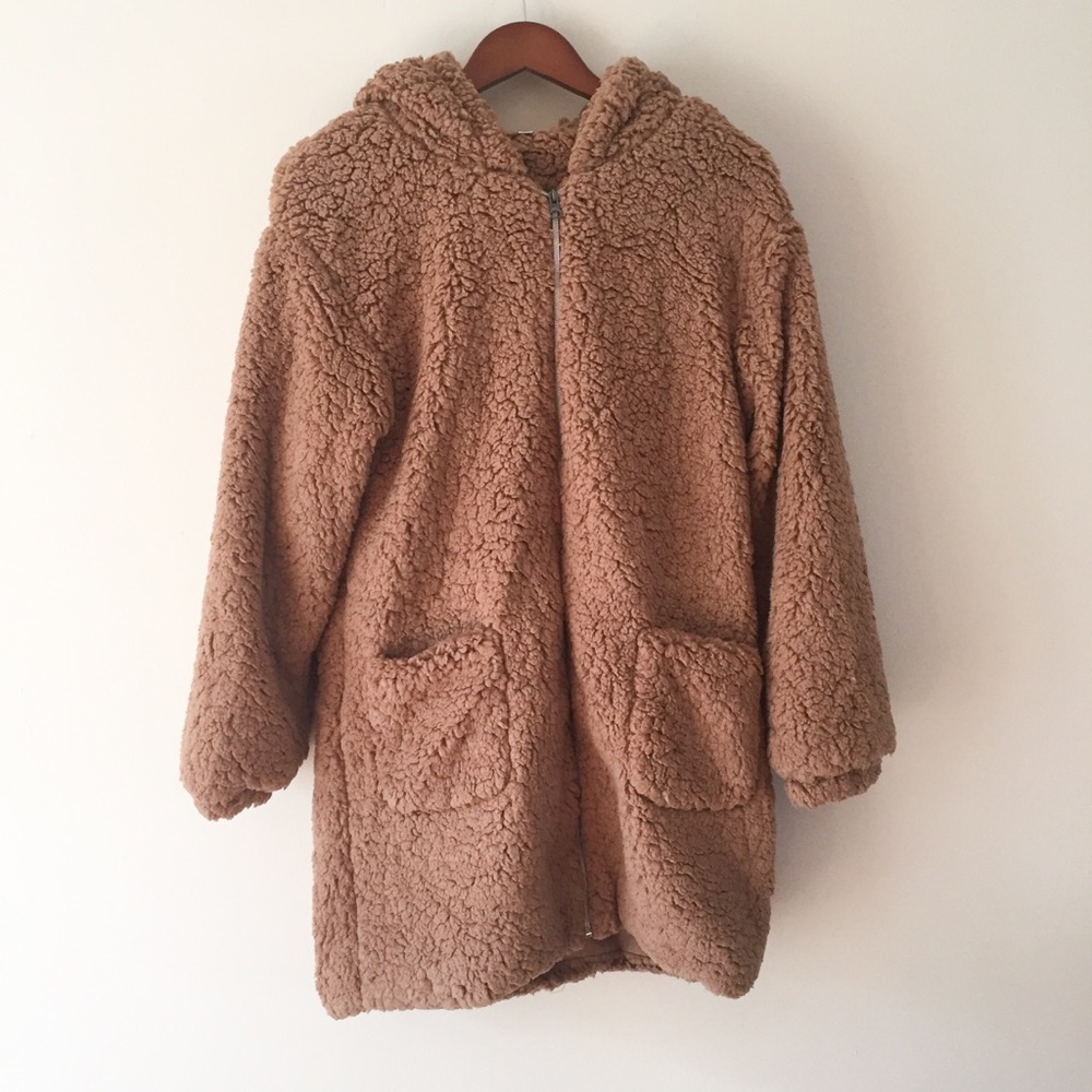 LAST: Large Faux Fur Long Teddy Bear Zip Up Jacket - Picture 6 of 8